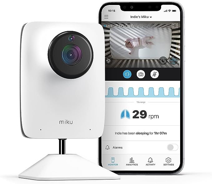 Miku Smart Baby Monitor - Contact-Free Breathing & Movement Monitor - Real-Time Breathing - HD Video & Audio, Night Vision, Two-Way Talk, Motion, Sound, Humidity & Temperature Detection: VBM01L08S01/CA