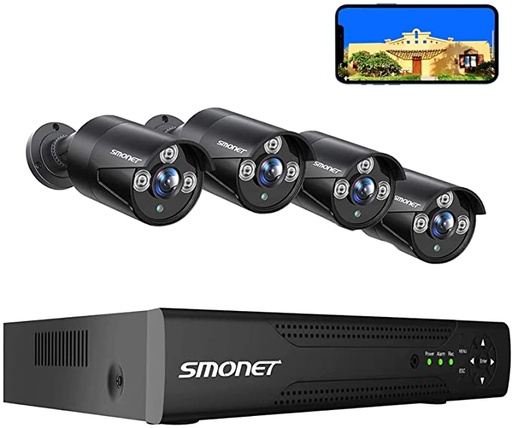 [X002OTFOA7] SMONET Système de caméra de sécurité 8 canaux Super HD, 4 caméras de surveillance                                                                                                                                                                                                                                               filaires 5 MP pour intérieur et extérieur, accès à distance à la maison, vision de nuit, (pas de disque dur)