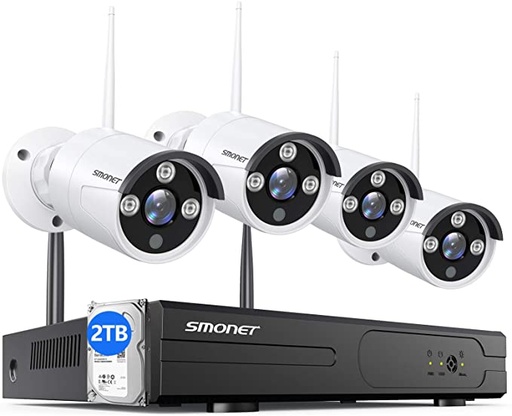 [X002RT0D17] SMONET Système de caméra de sécurité sans fil 3 MP (disque dur de 2 To), système de surveillance vidéo domestique H.265 1296p, 4 caméras IP d'intérieur et d'extérieur de 3 MP, kit NVR WiFi P2P, application gratuite, vision nocturne