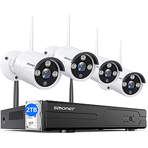 SMONET Système de caméra de sécurité sans fil 3 MP (disque dur de 2 To), système de surveillance vidéo domestique H.265 1296p, 4 caméras IP d'intérieur et d'extérieur de 3 MP, kit NVR WiFi P2P, application gratuite, vision nocturne