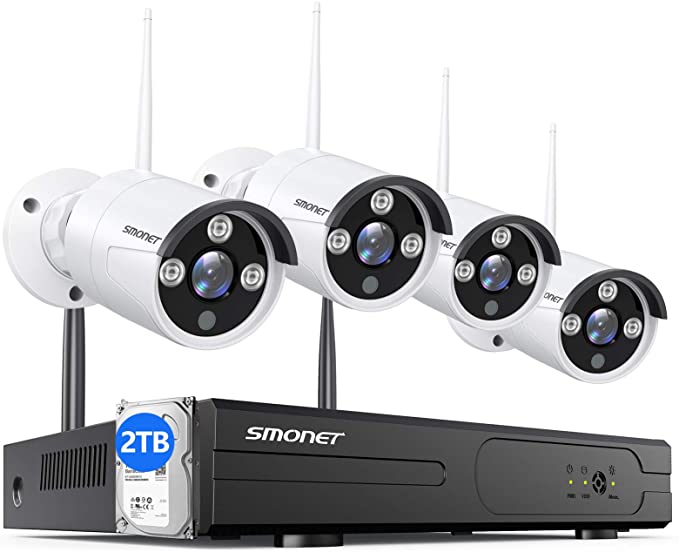 SMONET Système de caméra de sécurité sans fil 3 MP (disque dur de 2 To), système de surveillance vidéo domestique H.265 1296p, 4 caméras IP d'intérieur et d'extérieur de 3 MP, kit NVR WiFi P2P, application gratuite, vision nocturne