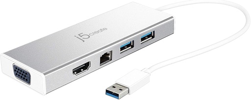 [JUD380-6B] j5create Mini station d'accueil USB 3.0 | Mini station d'accueil 5 en 1 avec HDMI, Gigabit Ethernet, 2 ports USB 3.0, VGA, chargement USB | Matériau du boîtier en aluminium respectueux de